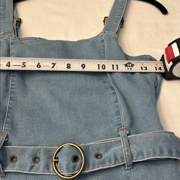 Light Blue Denim Mini Dress With Adjustable Straps and a Belted Waist Size S - Picture 6 of 14